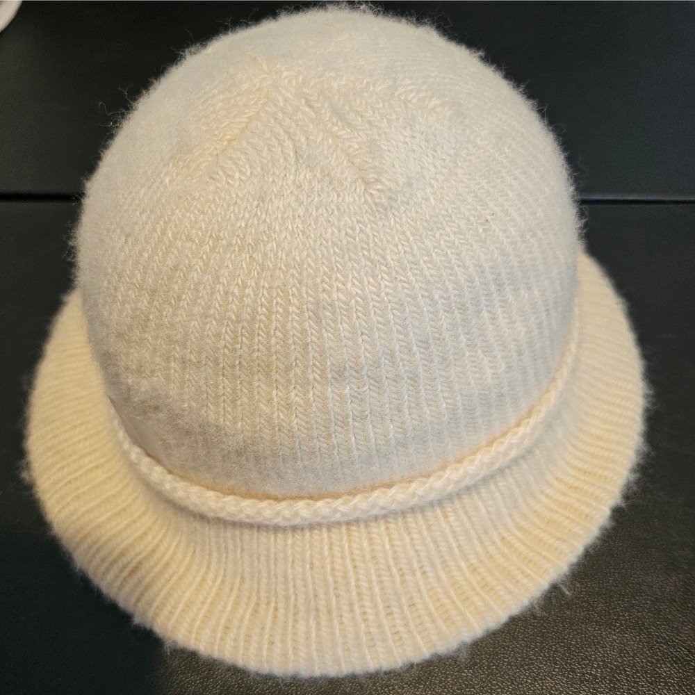 Vintage Aris Cream Knit Bucket Hat Braided Trim Made in USA One Size Off White